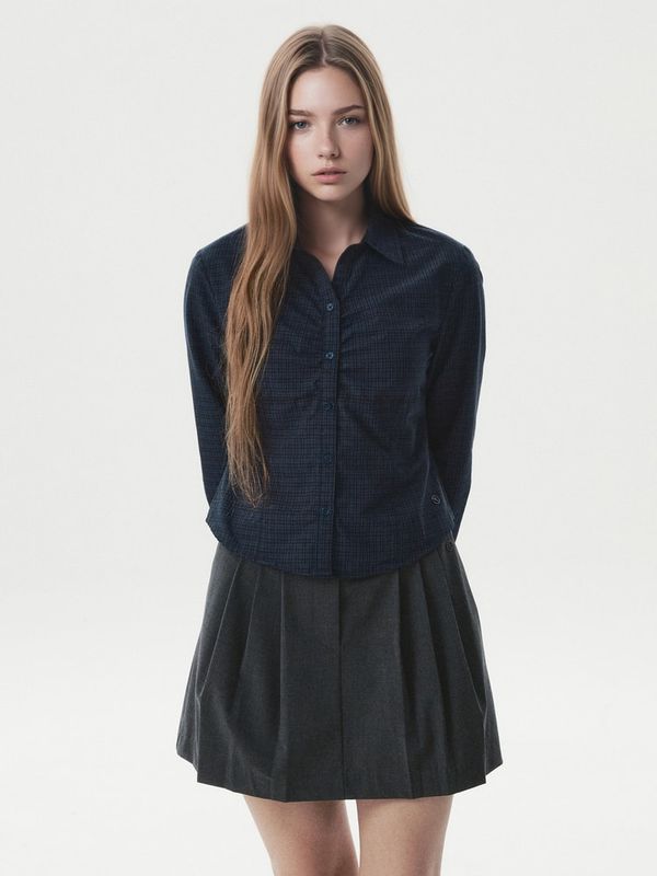 WHOAU Áo kiểu sọc caro nữ Slim fit check blouse_WHBLGB831F