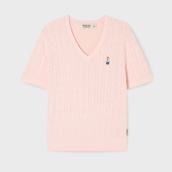 WHOAU Áo len Steve V-neck Cable Short Sleeve Sweater_WHKAG2411F