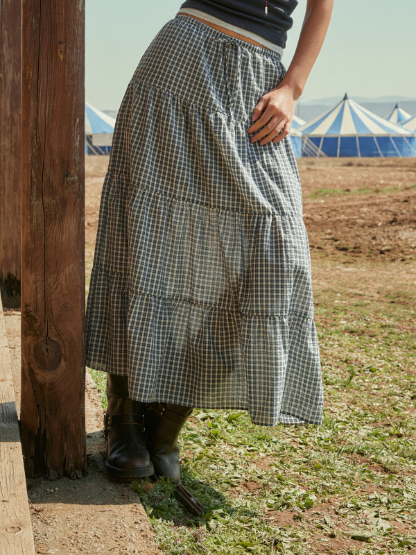 WHOAU Chân váy Check Long Tiered Skirt_WHWHG2441F