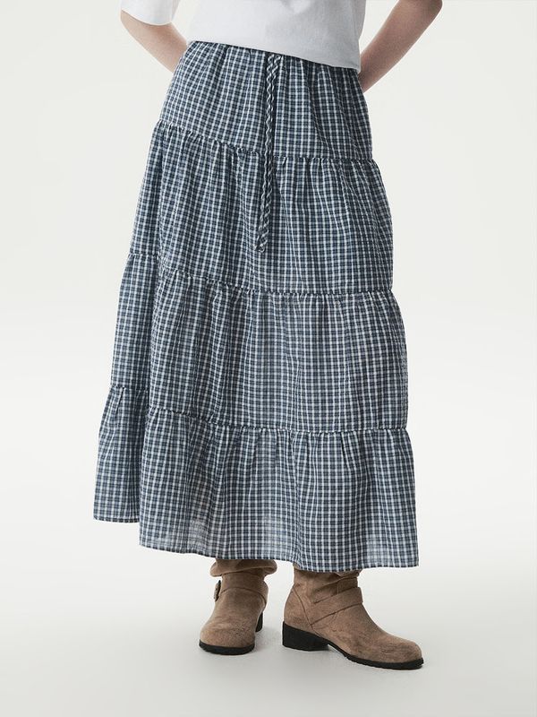 WHOAU Chân váy Check Long Tiered Skirt_WHWHG2441F