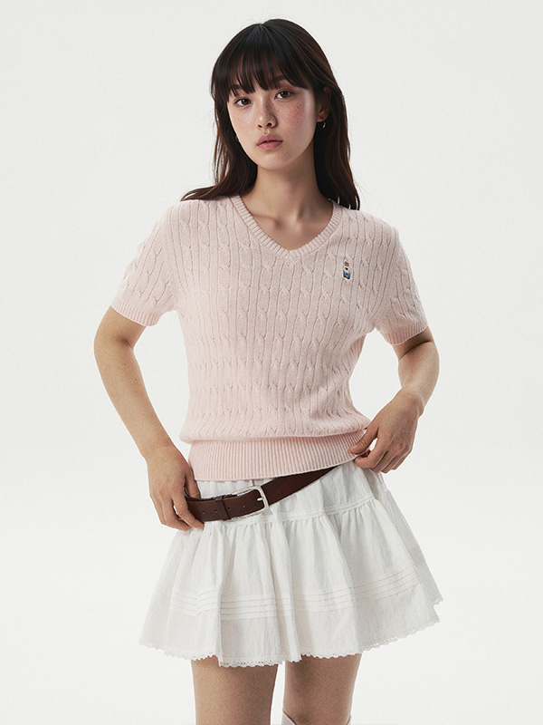 WHOAU Áo len Steve V-neck Cable Short Sleeve Sweater_WHKAG2411F