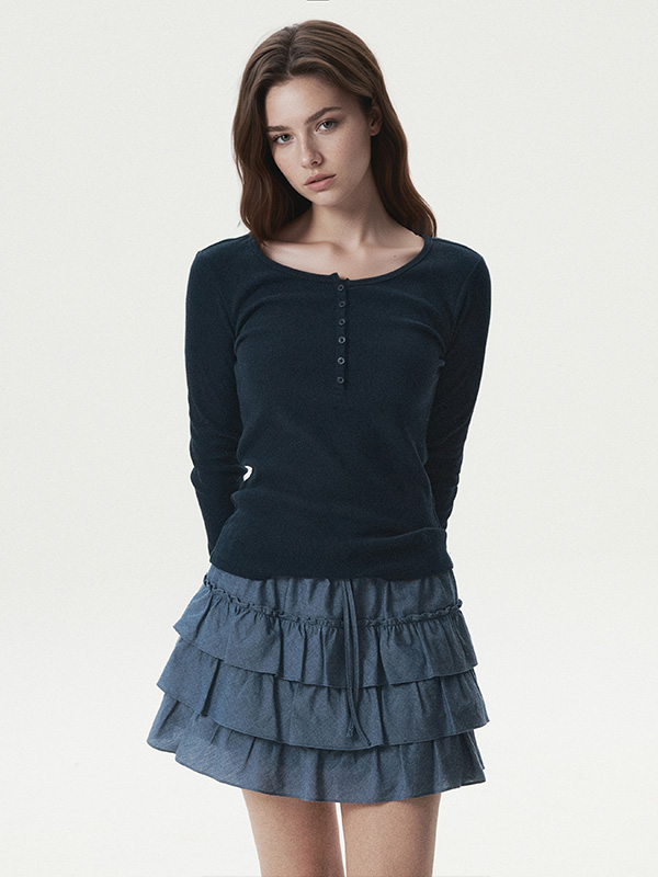 WHOAU Áo thun gân tay dài nữ Ribbed Henry Neck Long Sleeve T-shirt_WHLAG2322F