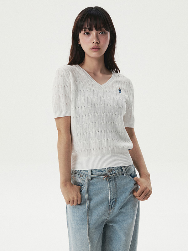 WHOAU Áo len Steve V-neck Cable Short Sleeve Sweater_WHKAG2411F