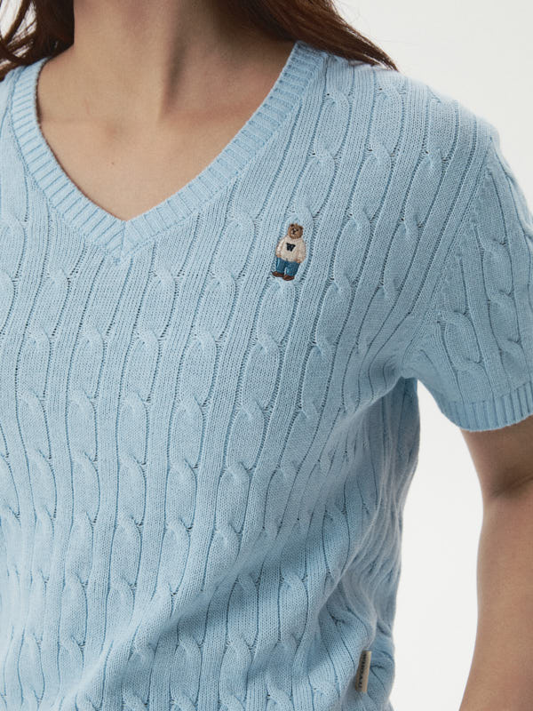 WHOAU Áo len Steve V-neck Cable Short Sleeve Sweater_WHKAG2411F