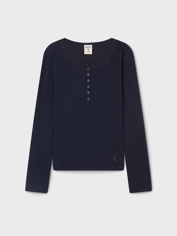 WHOAU Áo thun gân tay dài nữ Ribbed Henry Neck Long Sleeve T-shirt_WHLAG2322F