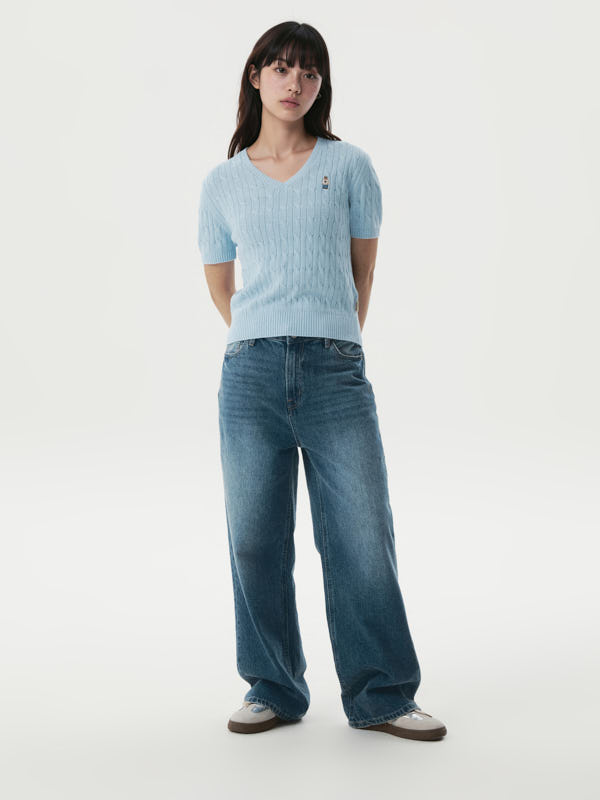 WHOAU Áo len Steve V-neck Cable Short Sleeve Sweater_WHKAG2411F