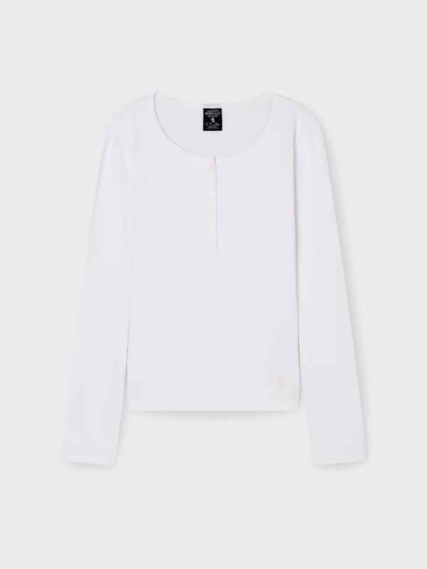 WHOAU Áo thun gân tay dài nữ Ribbed Henry Neck Long Sleeve T-shirt_WHLAG2322F