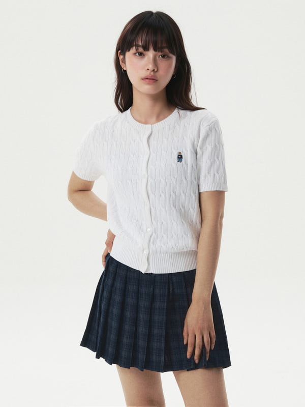 WHOU Áo len Steve R-neck Cable Short Sleeve Cardigan_WHCKG2412F