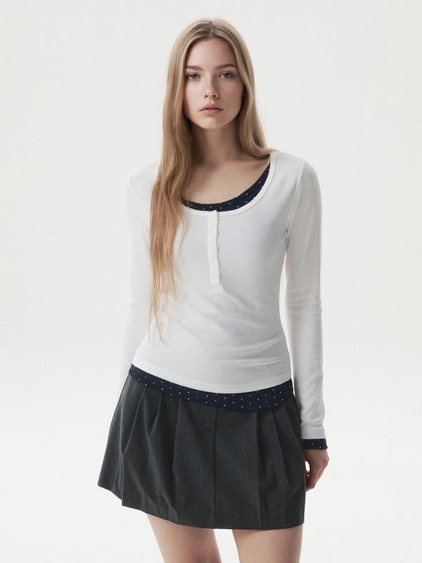 WHOAU Áo thun nữ tay dài Layered Henryneck Long Sleeve T-shirt(F)_WHLAGB824F