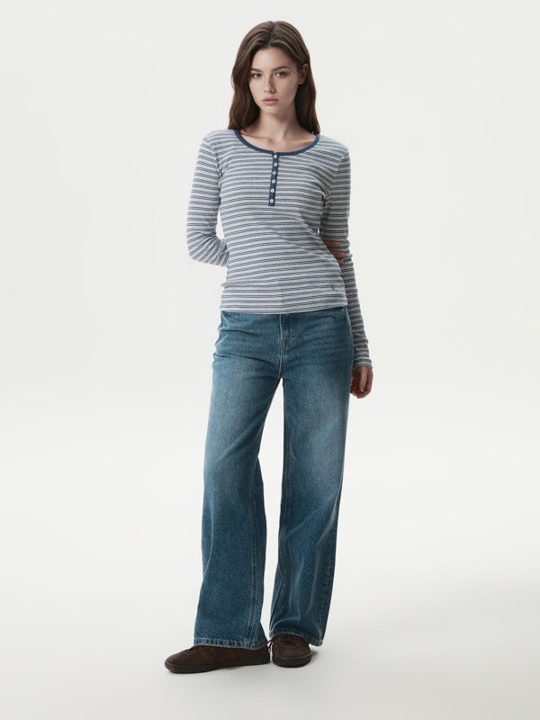 Ribbed Henry Neck Long Sleeve T-shirt