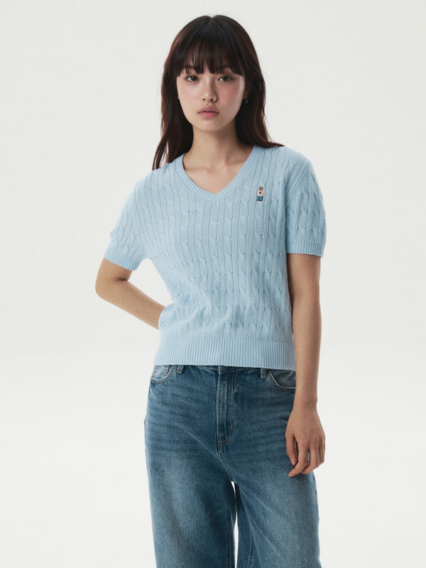 WHOAU Áo len Steve V-neck Cable Short Sleeve Sweater_WHKAG2411F