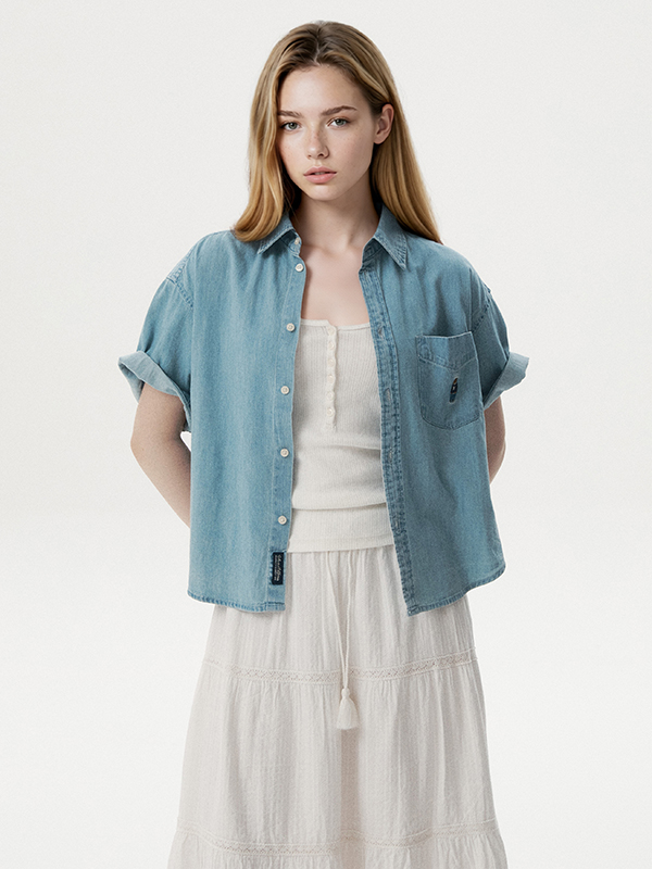 WHOAU Steve Denim Crop Short Sleeve Shirts_WHYJG2522F