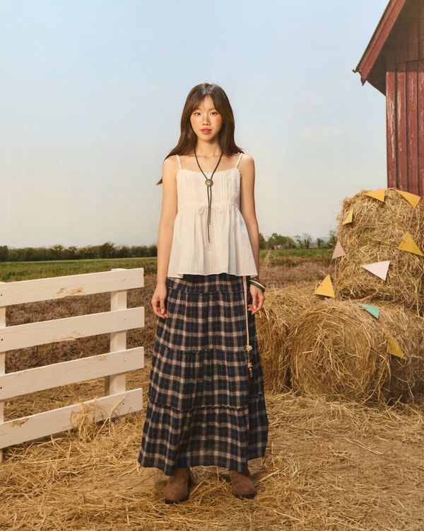 WHOAU Chân váy Meichan Asymmetric Long Plaid Skirt_WHWHG2573B