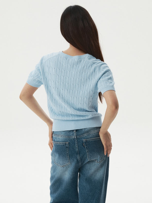 WHOAU Áo len Steve V-neck Cable Short Sleeve Sweater_WHKAG2411F