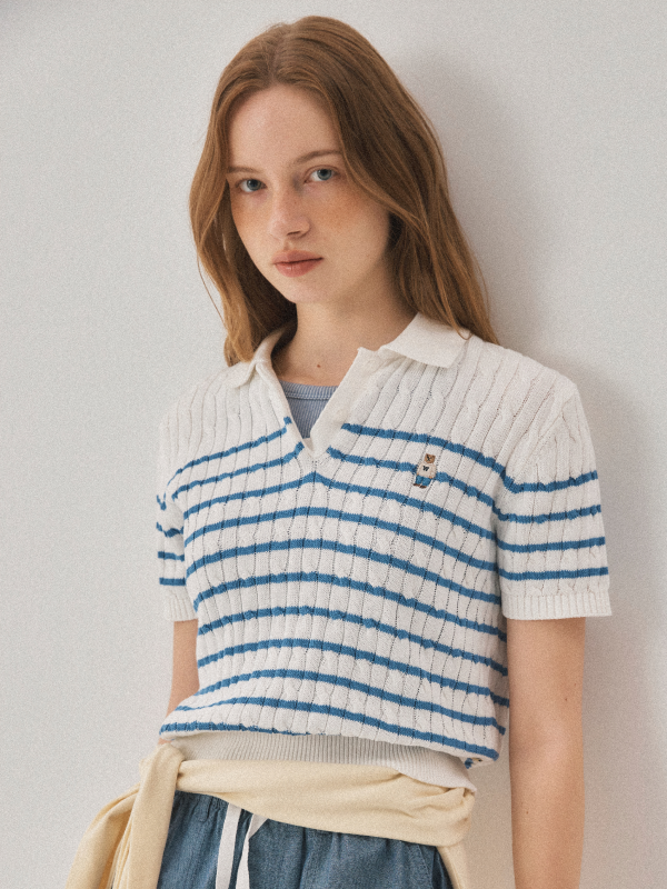 WHOAU Áo len tay ngắn Steve Collar Cable Short Sleeve Sweater_WHKAG2423F