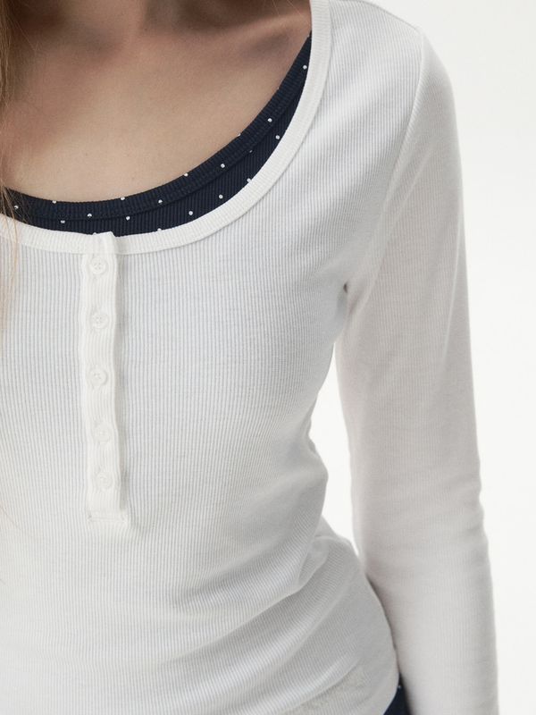 WHOAU Áo thun nữ tay dài Layered Henryneck Long Sleeve T-shirt(F)_WHLAGB824F