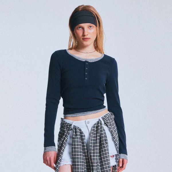 Layered Henry Neck Long Sleeve T-Shirt_WHLAF4891F