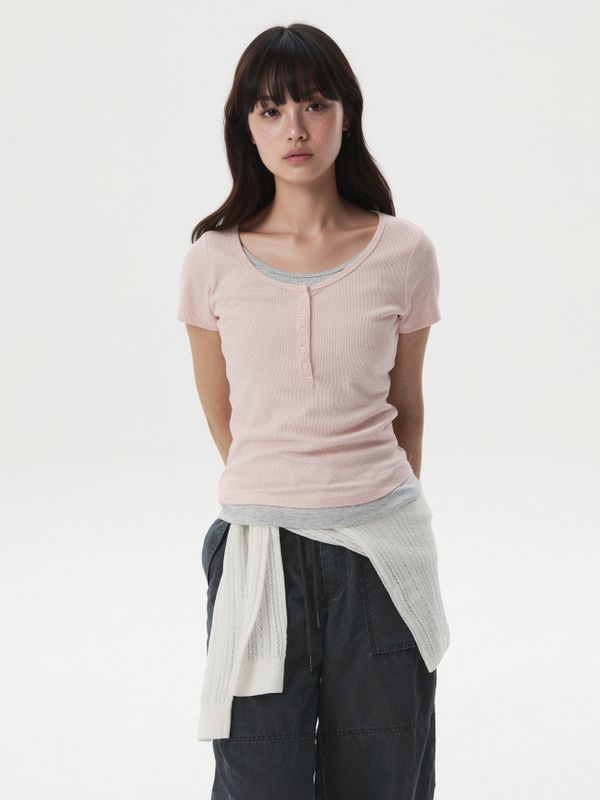 Layered Henley Short-Sleeve T-shirt-1781235351