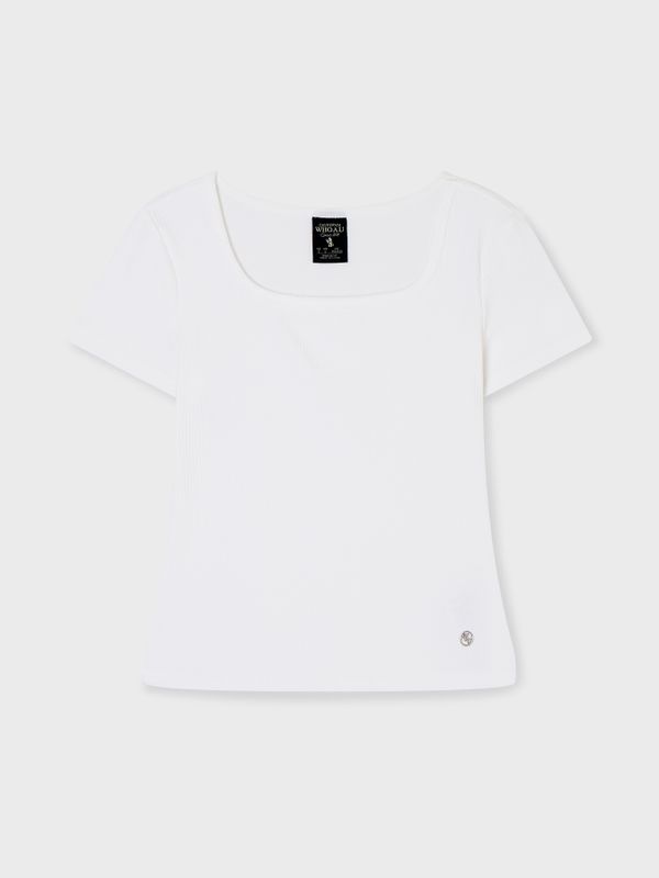 WHOAU Áo thun nữ Ribbed Square Neck T-Shirt_WHRAG2432F