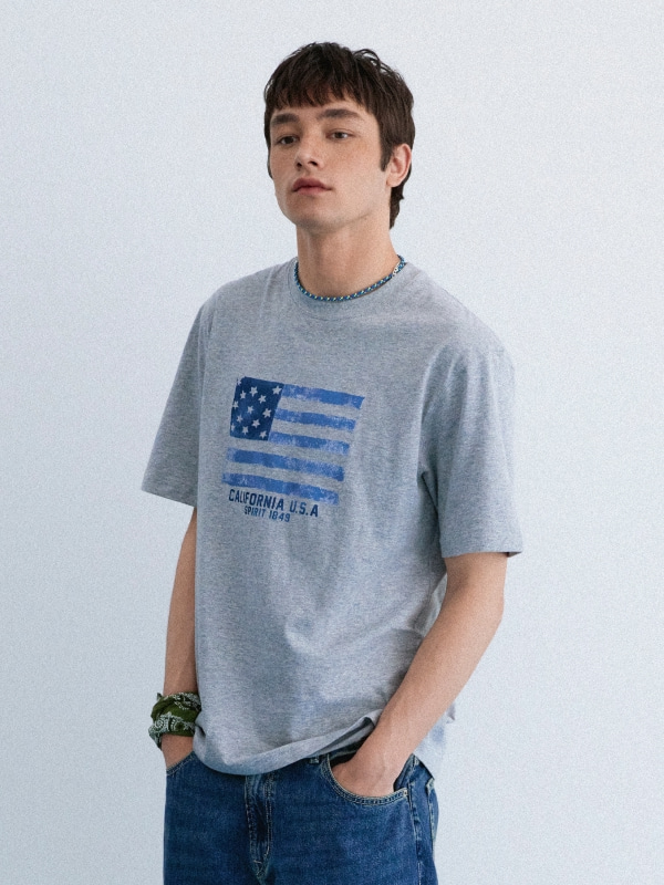 WHOAU Áo thu Unisex American Flag Printing T-shirt_WHRPG2407U