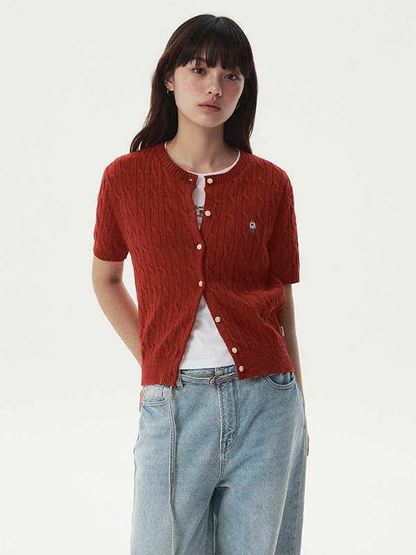 WHOU Áo len Steve R-neck Cable Short Sleeve Cardigan_WHCKG2412F