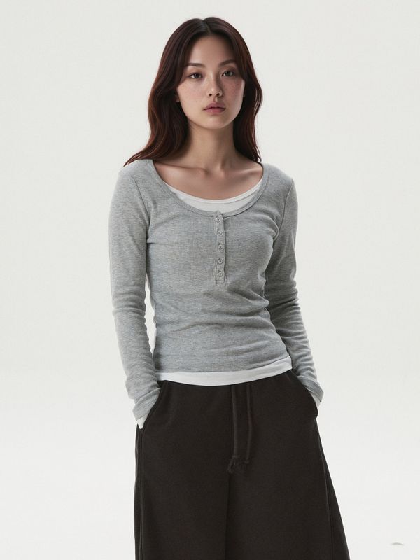 WHOAU Áo thun nữ tay dài Layered Henryneck Long Sleeve T-shirt(F)_WHLAGB824F