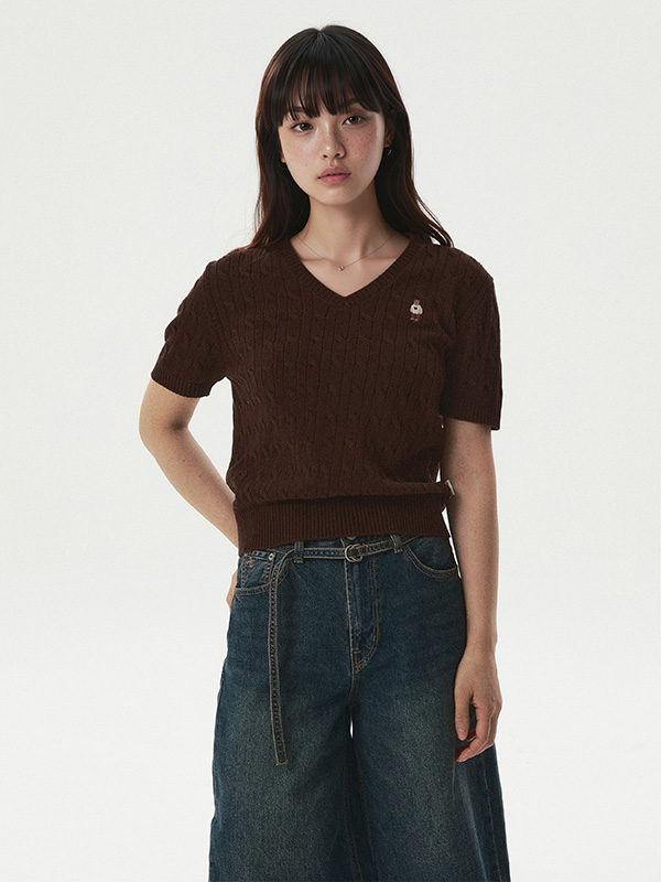 WHOAU Áo len Steve V-neck Cable Short Sleeve Sweater_WHKAG2411F