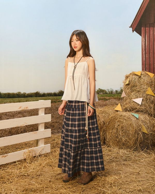 WHOAU Chân váy Meichan Asymmetric Long Plaid Skirt_WHWHG2573B