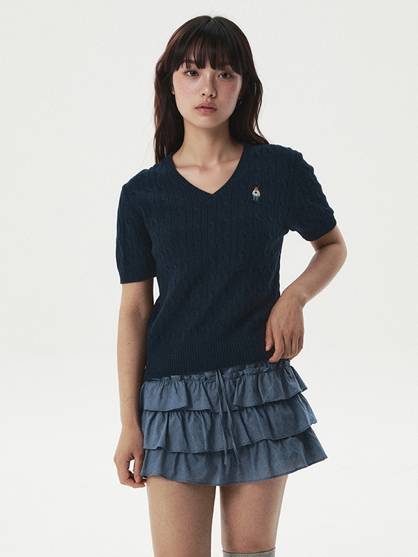 WHOAU Áo len Steve V-neck Cable Short Sleeve Sweater_WHKAG2411F