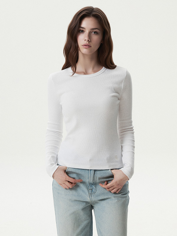WHOAU Áo thun gân tay dài nữ Ribbed Long Sleeve T-shirt_WHLAG2321F