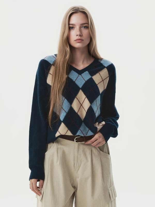 WHOAU Áo len V-neck Argyle Pullover _WHKAGB823F